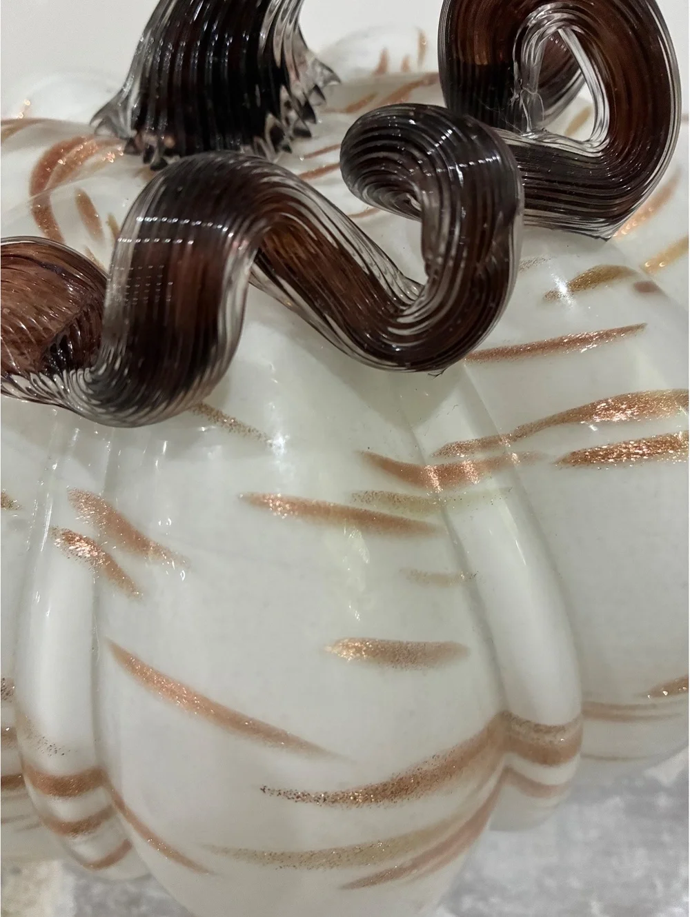 Decorative White and Copper Glass Pumpkin with Curled Brown Stem